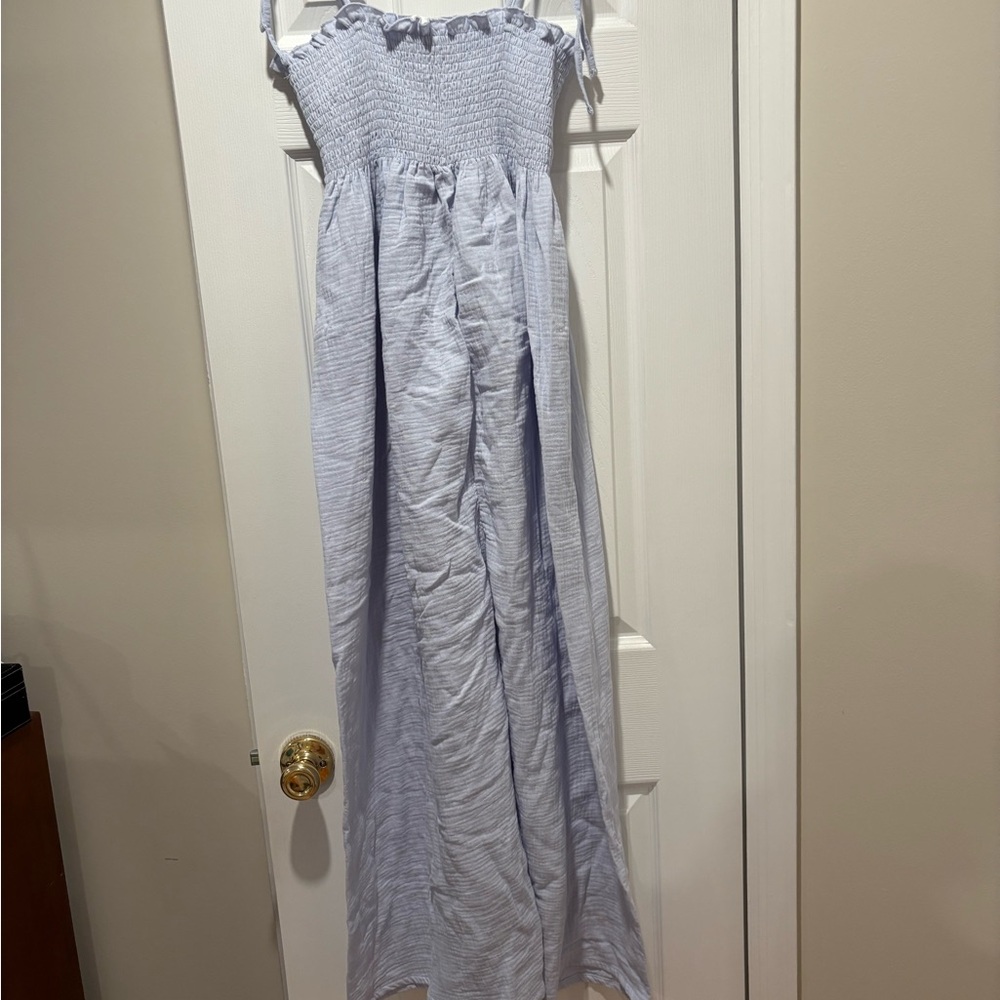 Light Blue Gauze Smocked Tie Strap Maternity Jumpsuit